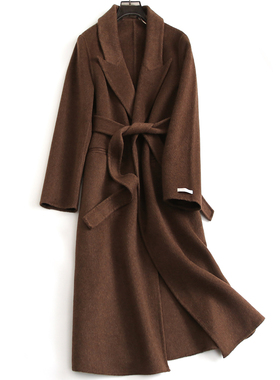 双面呢系腰带西装领长款大衣通勤长袖2024冬新款女装毛呢外套H344