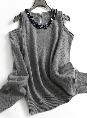 精致亮片设计圆领露肩微廓形显瘦2025春新款长袖毛衣女针织衫J726