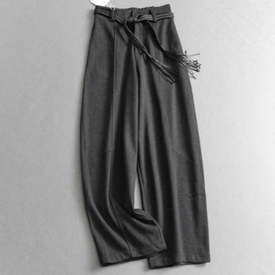 Q238 女休闲裤 「配腰带」通勤风高腰加绒加厚弯刀裤 显瘦阔腿哈伦裤