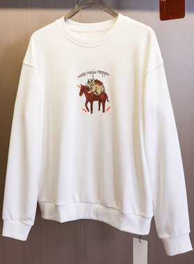 萌趣印花刺绣慵懒感宽松显瘦春季新款2026圆领百搭长袖女卫衣Q936