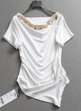 民族风不规则露肩捏褶显瘦修身2025夏季新款百搭短袖女装T恤Z407