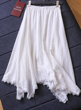 纯色蕾丝花边拼接松紧腰不规则简约通勤a字裙中长款女半身裙E826