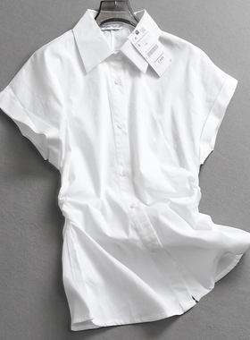 简约纯色褶皱收腰修身翻领蝙蝠型短袖通勤百搭休闲女衬衫衬衣Z061