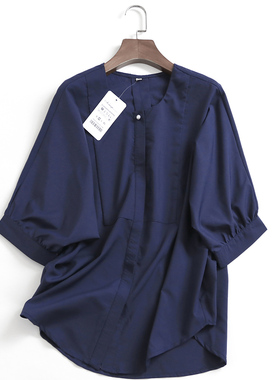 J655气质轻熟风纯色单排扣七分袖衬衫夏季新款通勤百搭宽松衬衣女