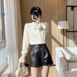 秋冬半高领内搭女J146 紧身百搭上衣时尚 加绒加厚蕾丝打底衫 喇叭袖