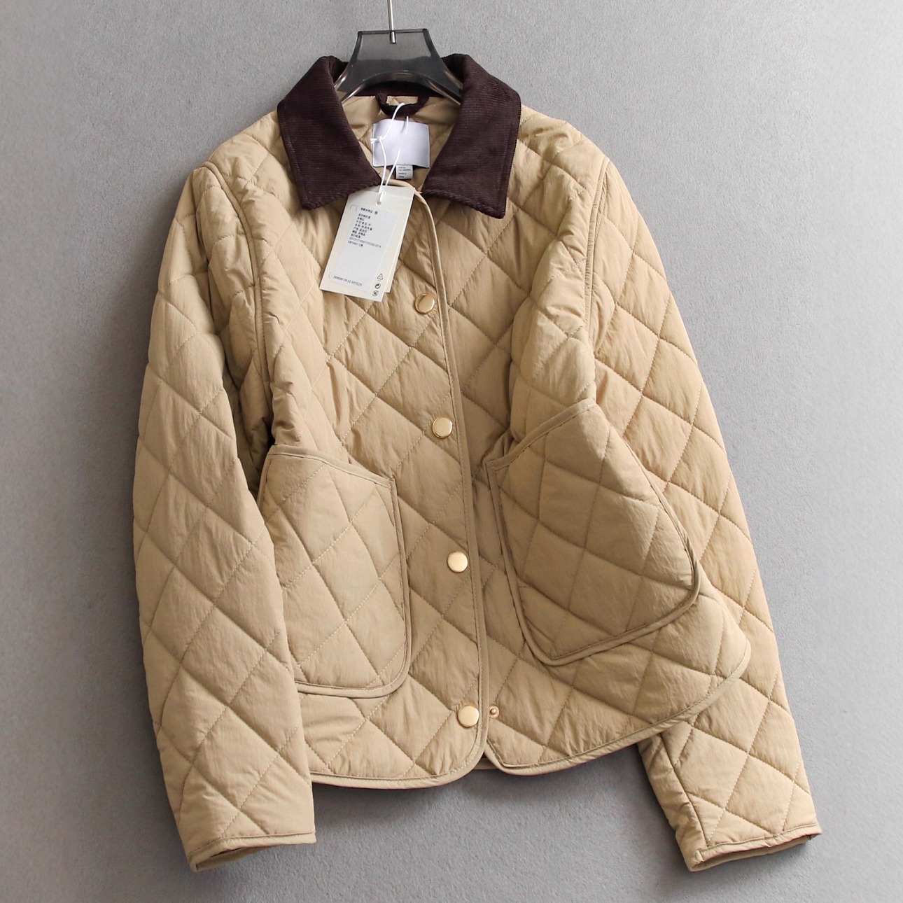 复古撞色灯芯绒翻领绗缝薄款棉衣