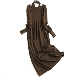 纯色弹力显瘦修身 挂脖领假两件优雅气质针织毛衣裙长裙连衣裙F732