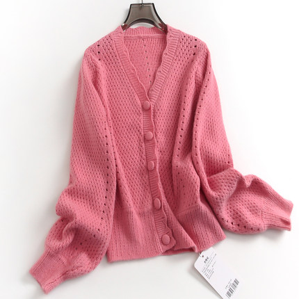 纯色钩花镂空减龄温柔风花边V领纽扣针织开衫外套长袖女毛衣F600