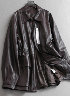 纯色宽松显瘦抽褶收腰翻领中长款2025秋季新款长袖外套女皮衣B142