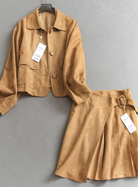 复古巴恩风仿麂皮绒翻领宽松外套可配一整套百褶半身裙套装装Q306