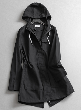纯色抽绳收腰显瘦连帽中长款外套2025秋季新款长袖休闲女风衣B510