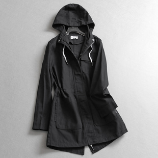 长袖 新款 休闲女风衣B510 外套2025秋季 纯色抽绳收腰显瘦连帽中长款