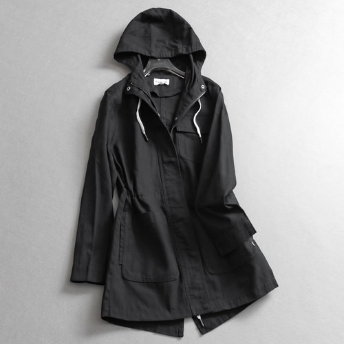 纯色抽绳收腰显瘦连帽中长款风衣