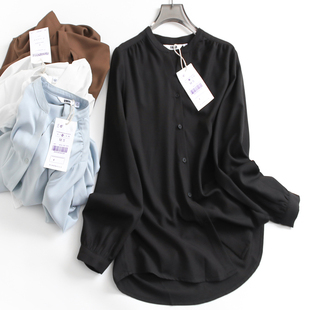 F744 女衬衫 纯色简约宽松显瘦垂感无领单排扣2024秋季 通勤百搭长袖