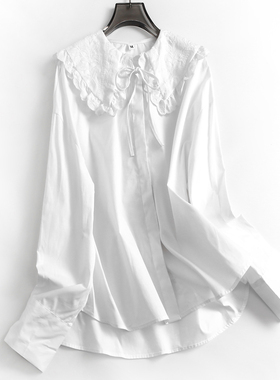 白色刺绣捏褶花边减龄娃娃领少女感2025春新款长袖百搭女衬衫J719