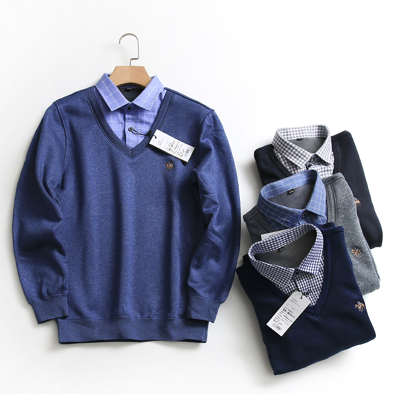 针织衫刺绣两件领加绒商务休闲