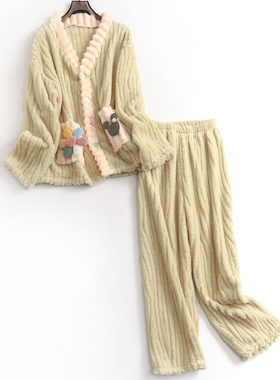 立体花朵口袋双面V领珊瑚绒秋冬新款长袖家居服睡衣两件套装B211