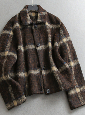 复古撞色格纹翻领宽松廓形显瘦长袖通勤百搭休闲女装毛呢外套W074