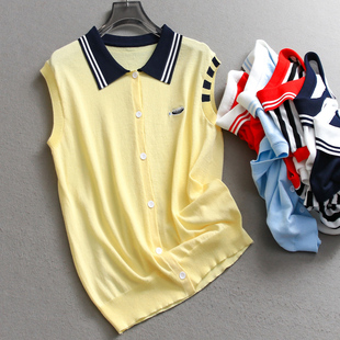 女针织衫 无袖 上衣C644 新款 拼色翻领柔软显瘦亲肤凉感百搭2025夏季