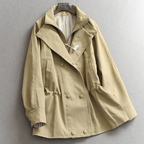 纯色抽褶收腰显高显瘦插肩袖风衣