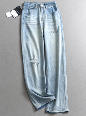 薄款破洞柔软舒适宽松直筒裤2025夏季新款凉感阔腿女裤牛仔裤C741