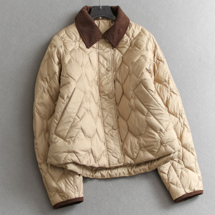 巴恩风撞色拼接灯芯绒翻领绗缝薄款 外套女羽绒服Q153 挺括廓形长袖