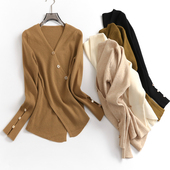 V098交叉收腰V领内搭针织衫 女春秋冬复古纽扣漂亮软糯打底衫 毛衣