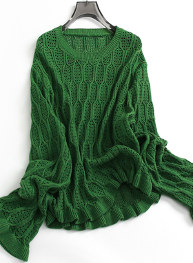 绿色镂空宽松显瘦圆领木耳边2024年秋新款喇叭袖针织衫毛衣女F594