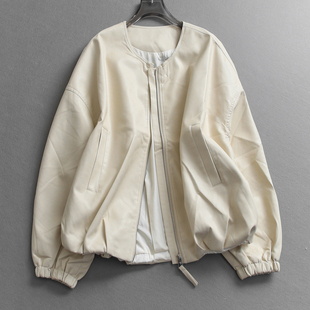 女装 长袖 皮衣W926 新款 纯色宽松廓形显瘦圆领韩系夹克外套2026春季