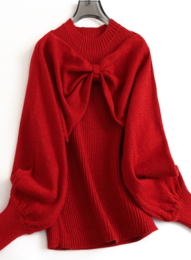 红色穿搭蝴蝶结套装针织马甲披肩两件套长袖针织线衫女装毛衣J548
