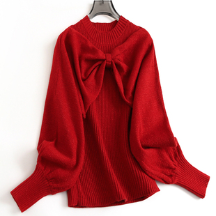 女装 针织线衫 毛衣J548 针织马甲披肩两件套长袖 红色穿搭蝴蝶结套装