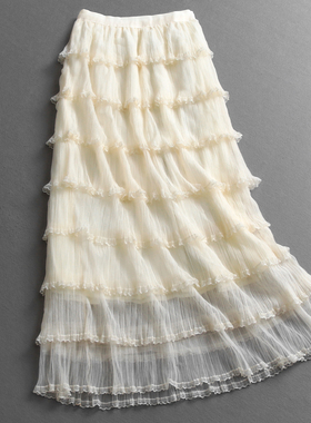 纯色松紧腰层叠蛋糕裙显瘦a字百褶裙网纱裙气质优雅女半身裙Z930