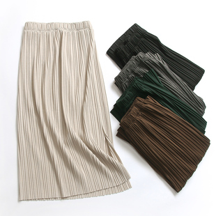 S646纯色褶皱松紧腰显瘦修身 2022通勤女长裙半身裙 A字裙秋冬新款