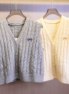 减龄学院风蝴蝶结刺绣V领显瘦外搭无袖针织毛衣背心女装马夹Q420