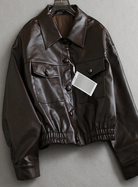 邂逅复古风利落翻领廓形大口袋咖色皮夹克机车服女短外套皮衣K698