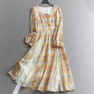 气质长裙女连衣裙B347 长袖 格子显瘦收腰方领蕾丝拼接2025秋季 新款