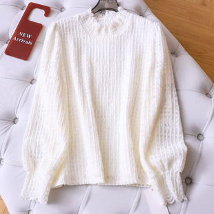 蕾丝衫 纯色法式 优雅女装 打底衫 Q347 木耳边半高领加厚保暖灯笼长袖