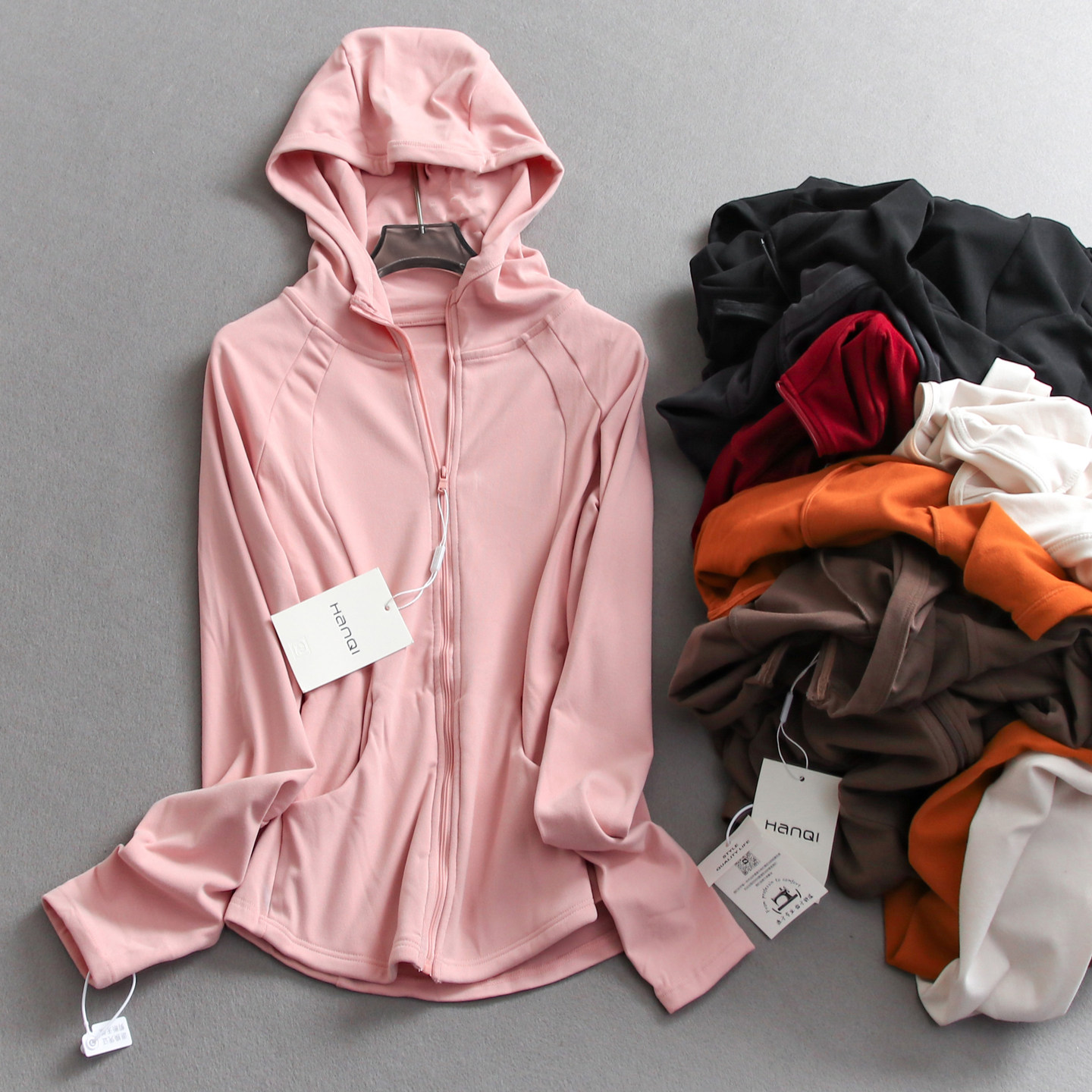 纯色显瘦修身收腰防风连帽瑜伽运动外套长袖开衫百搭女装卫衣N007