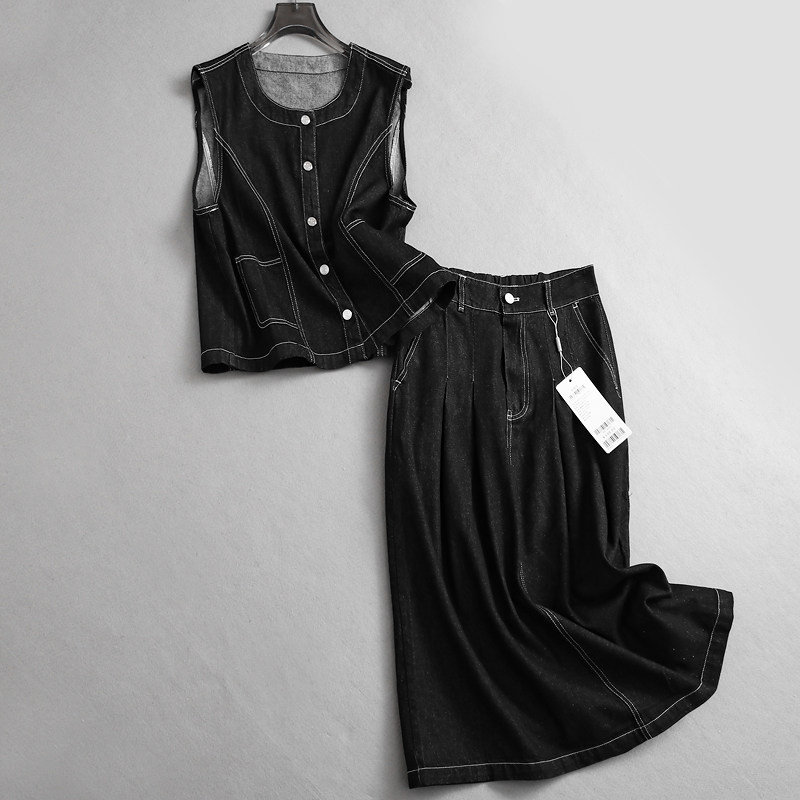 无袖马夹女阔腿牛仔裤套装两件套