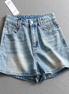 蓝色做旧水洗磨白高腰宽松显瘦阔腿裤休闲牛仔裤短裤女热裤X956