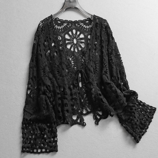 女针织衫 纯色镂空钩花薄款 蕾丝衫 度假风长袖 Z389 系带门襟外搭罩衫