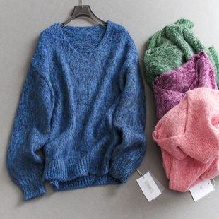 M945 针织衫 慵懒风双色混织花纱V领宽松套头毛衣御寒保暖长袖 女装