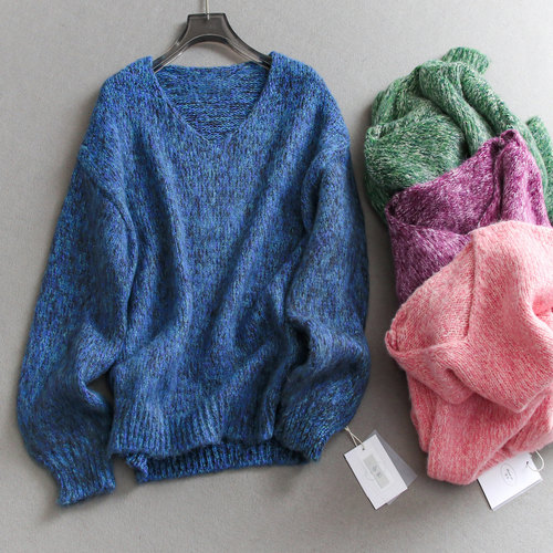 双色混织花纱V领宽松套头毛衣女