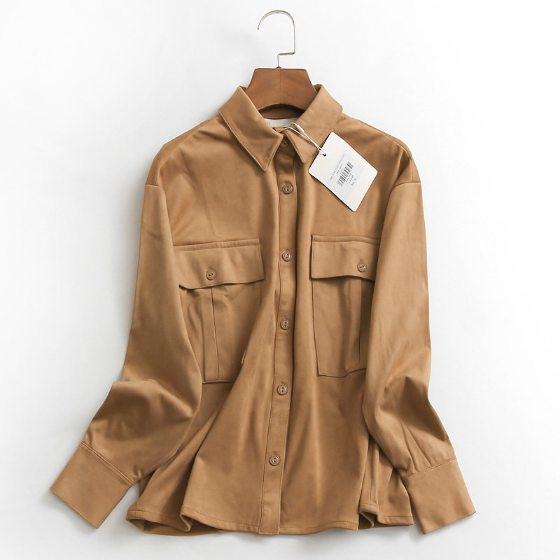 T864纯色拼贴口袋翻领单排扣秋冬新款2022外穿麂皮绒长袖女装衬衫,女装/女士精品,衬衫,淘宝优惠券,粉丝福利购,淘宝优惠卷