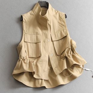 背心女装 无袖 马夹B415 新款 纯色立领抽褶收腰显瘦立体口袋2025秋季