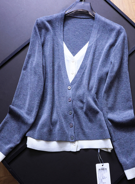 「细腻柔软亲肤」撞色假两件V领纽扣开襟长袖女装针织衫开衫B308