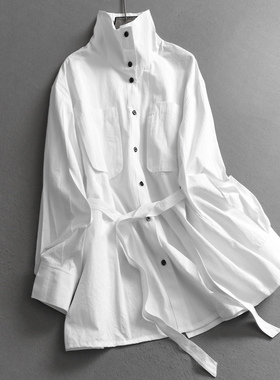 纯色立体口袋系腰带廓形长袖衬衫式外套2025秋季新款女装风衣V240