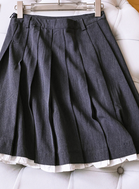 撞色层叠拼接褶皱高腰显瘦百褶裙迷笛裙百搭a字裙女裙半身裙Q078