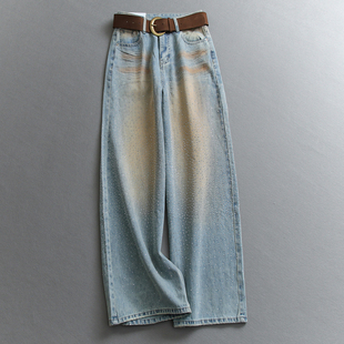牛仔裤 百搭女裤 W782 弯刀裤 「配腰带」复古重工烫钻宽松显瘦阔腿裤