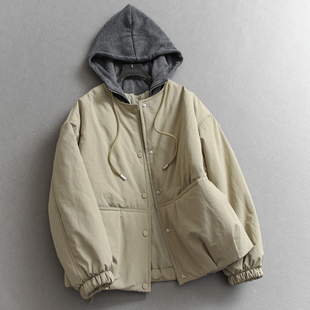 撞色拼接连帽假两件宽松显瘦加厚保暖长袖 休闲外套女棉衣棉服Q633